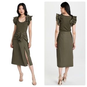 Ulla Johnson Isabella Combo Ruffle Midi Dress Olive Army Green Size P Small